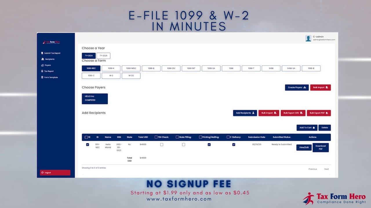 Tax Form Hero 1099 e-filing dashboard overview